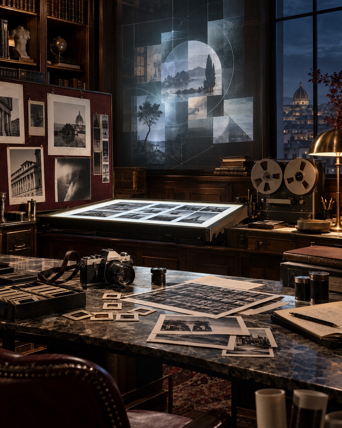 Ein elegantes Archivstudio verbindet analoge Filmwerkzeuge mit einer dezenten KI-gestützten Bildprojektion