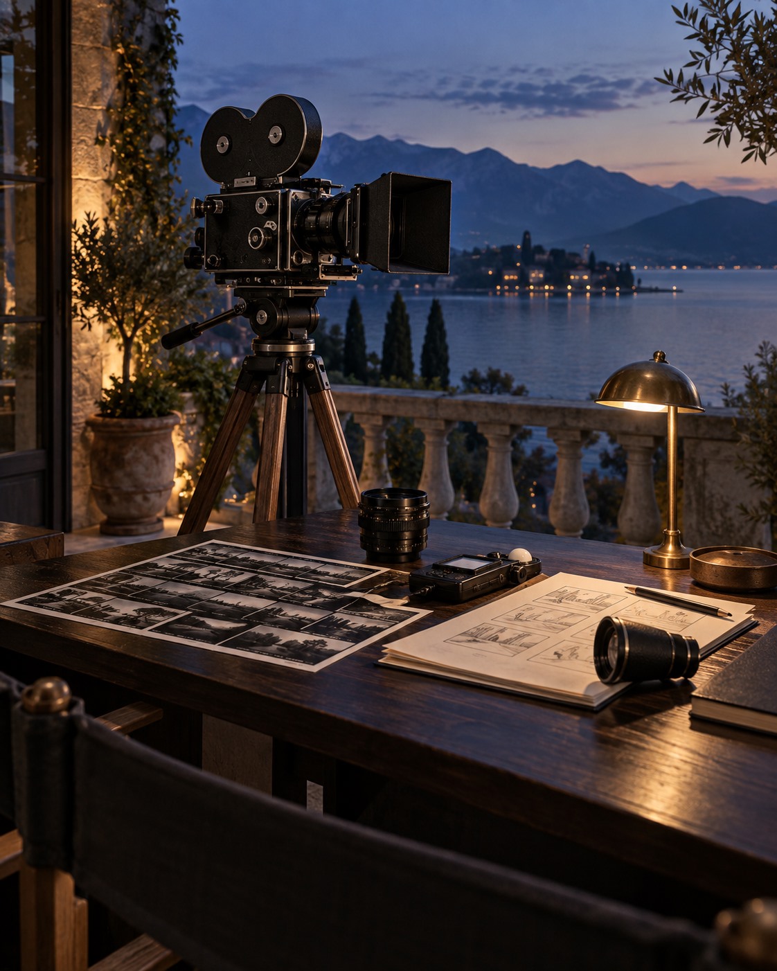 Eine Filmkamera, Objektive und Storyboards auf einer Terrasse am See zur blauen Stunde