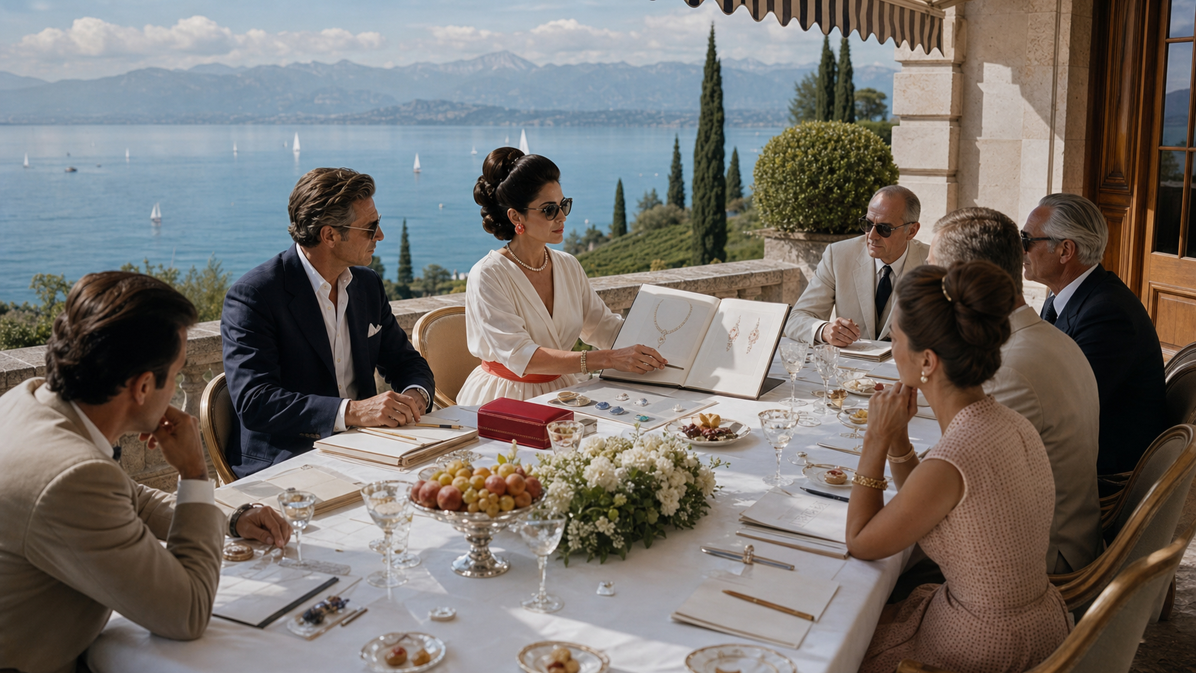 Eine hochwertige Kreativpräsentation bei einem Mittagessen mit Blick auf den Genfersee