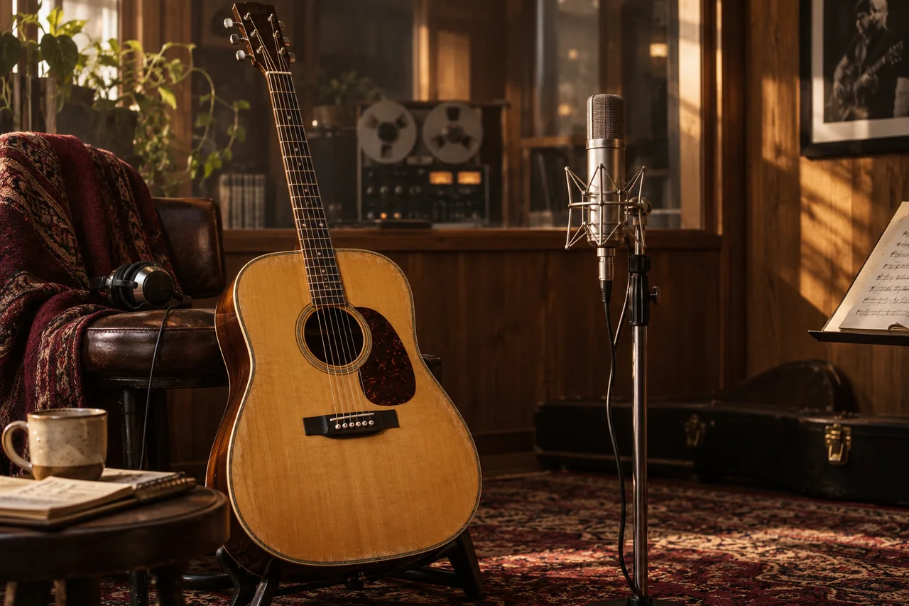 Akustikgitarre und Mikrofon im warmen Studiolicht