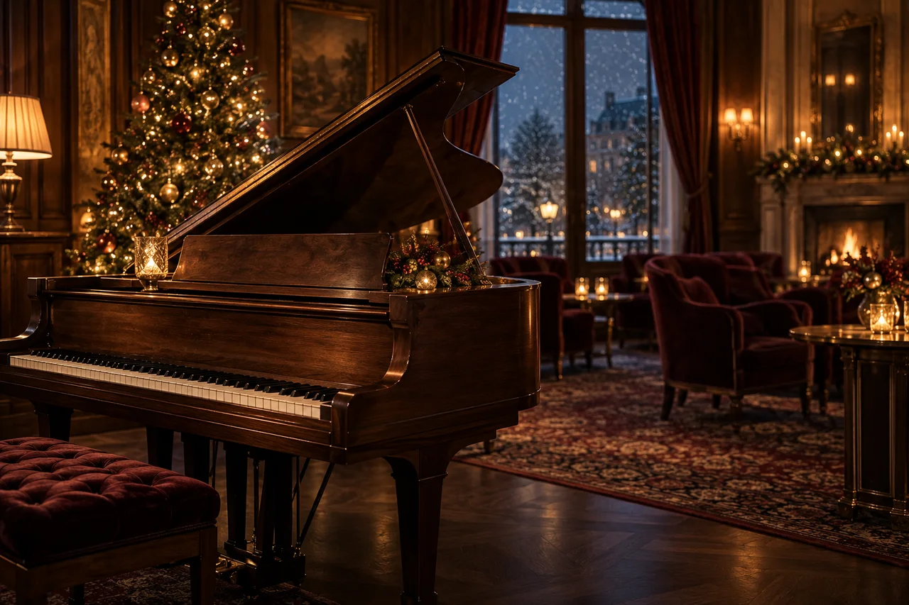 Piano und dezenter Weihnachtsbaum im warmen Licht einer Grand-Hotel-Lounge