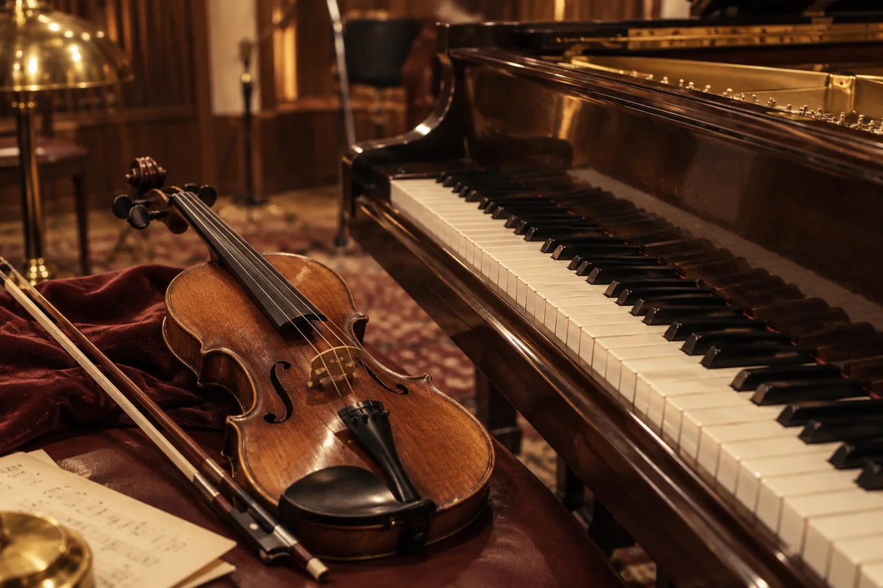 Violine und Flügel in einem klassischen Aufnahmeraum