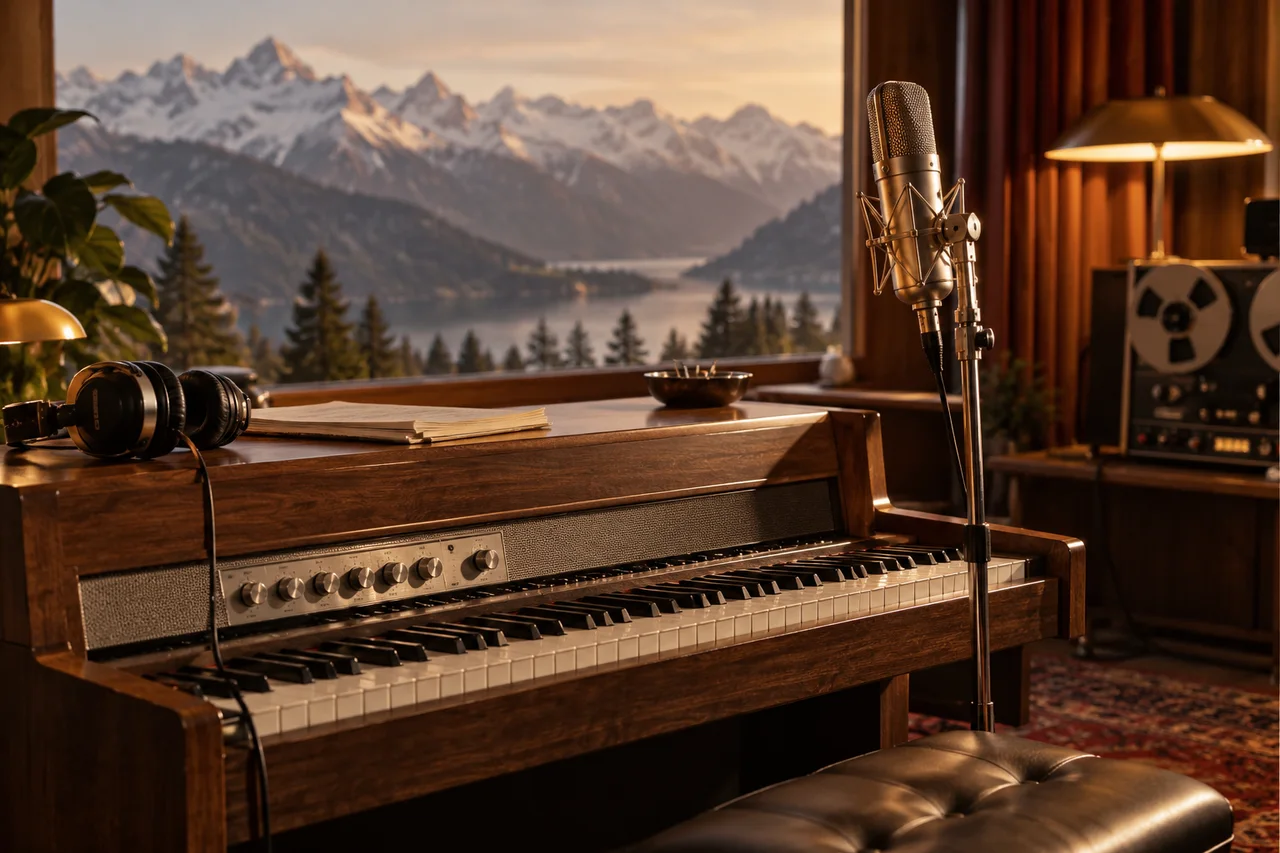 Vintage-Keyboard und Studiomikrofon mit Alpenblick