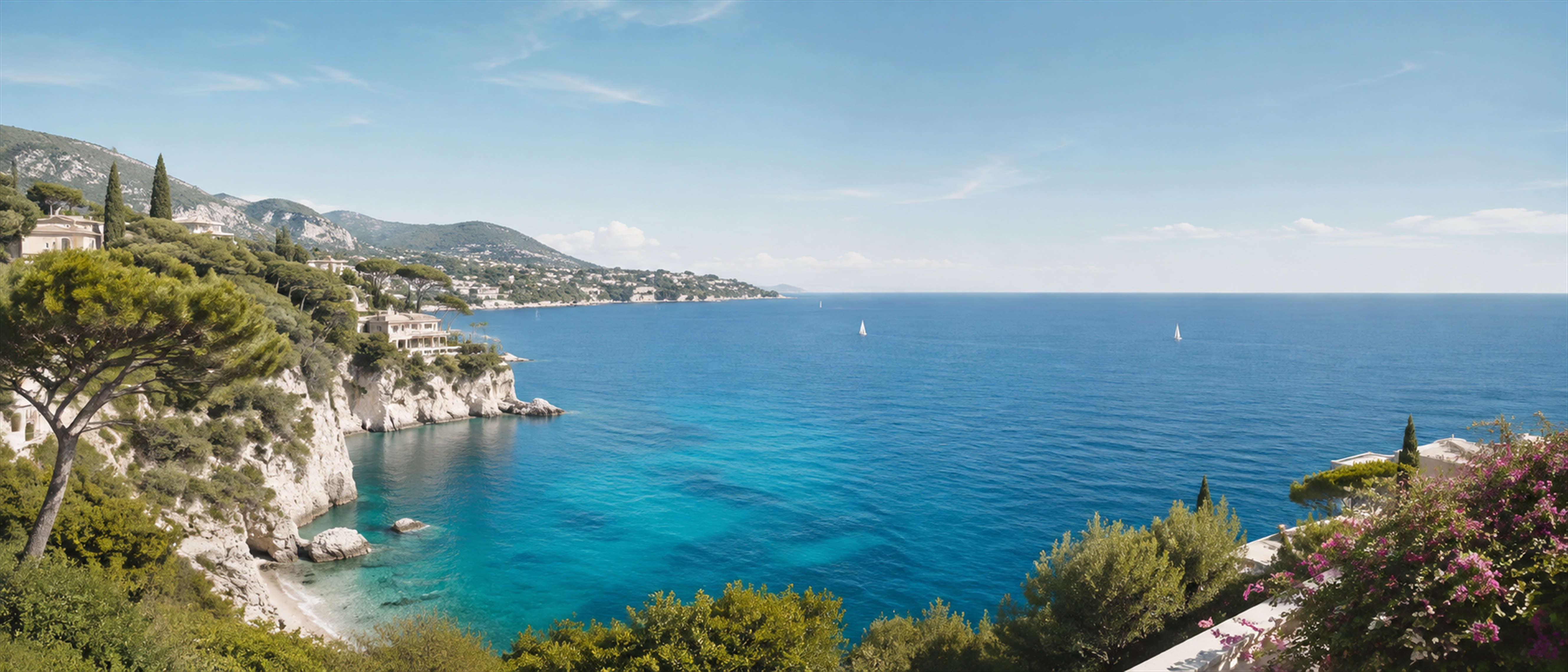 Eine sonnige Küste der Côte d’Azur mit Villen, Pinien und Segelbooten