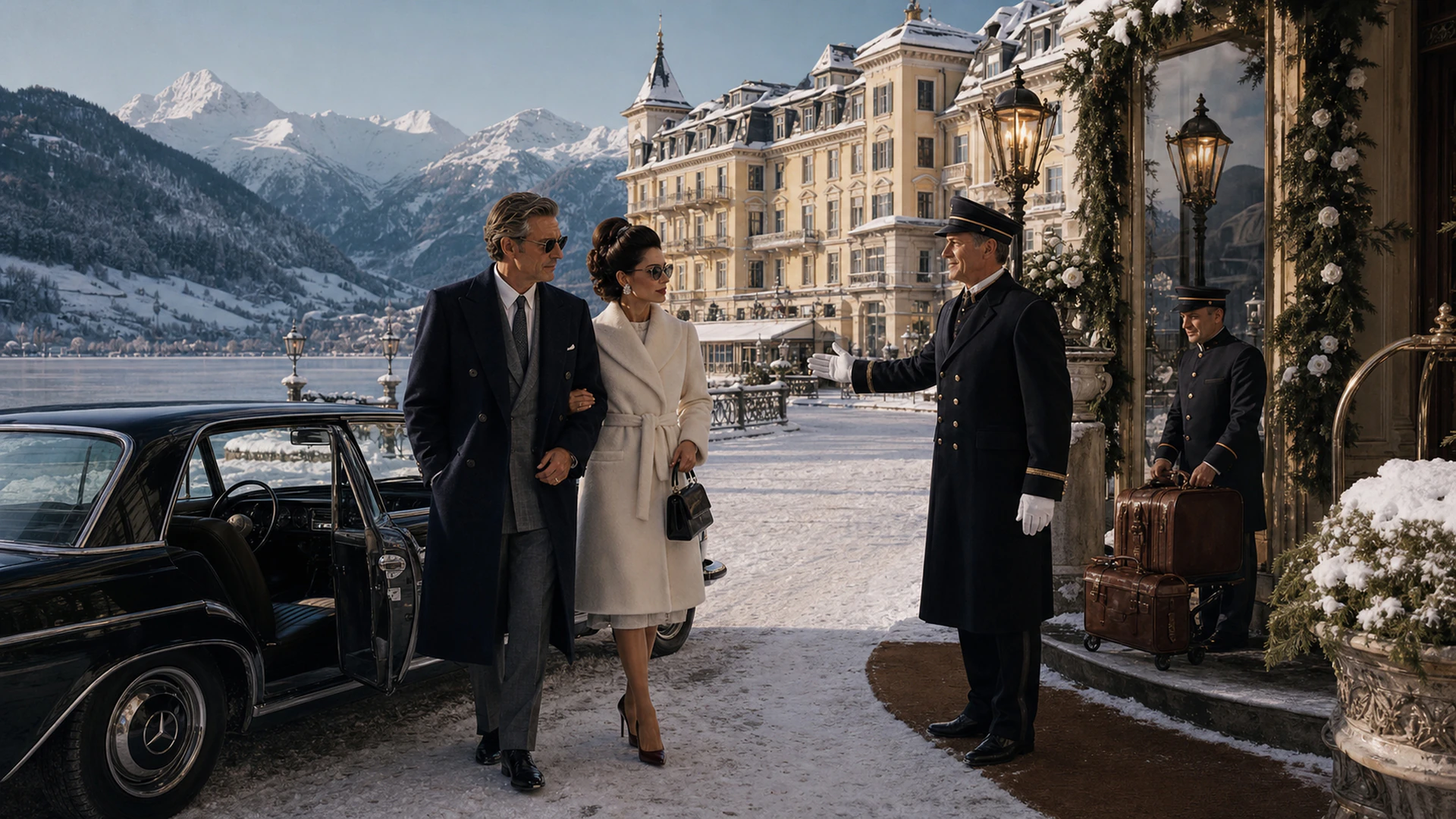 Elegantan par dolazi u snegom prekriven grand hotel u Alpima