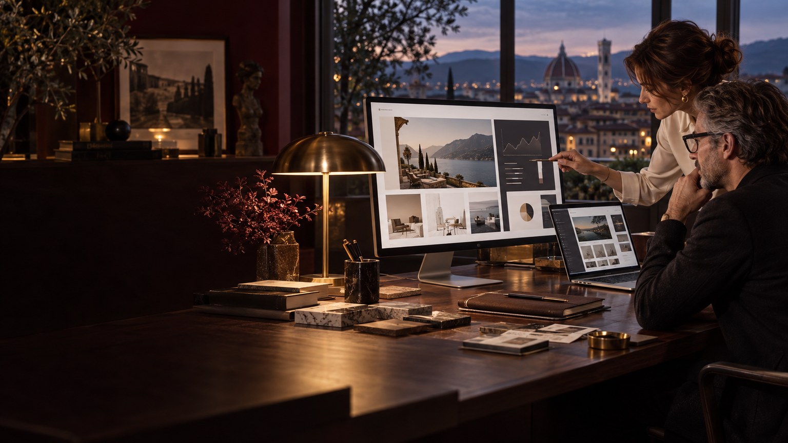 Ein Kreativ- und Technikteam entwickelt in einem eleganten europäischen Studio eine hochwertige Website mit Analytics